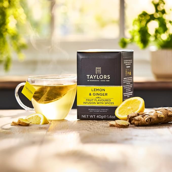 Taylors of Harrogate Lemon & Ginger, Herbal Tea, Individually Wrapped Bags, 20 Count (Pack of 6), Cleansing, Invigorating and Citrussy, Caffeine-Free, Enjoy Hot or Iced, 120 Teabags Total