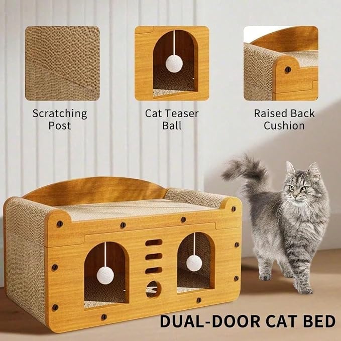 3-in-1 Scratcher Cat House – Save Your Furniture Combines Play Cave, Cozy Bed & Scratching Pad. Durable Cardboard, Reduces Stress. Ideal for Indoor Cats Who Love to Scratch, Play & Nap (MD-DOOR1)