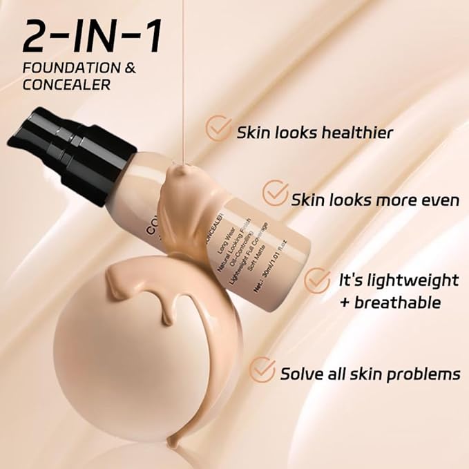 2 in 1 Foundation Concealer, Lightweight Creamy Long Lasting Face Makeup for Combination Oily Skin, Conceals Dark Circles Under Eyes Dark Spots and Blemishes, Vegan Cruelty-Free,Light Medium