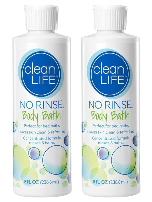 CleanLife Products No-Rinse Body Bath, 8 fl oz (Pack of 2, Makes 16 Complete Baths) – Gentle, Concentrated Liquid Body Wash Made in USA – Ideal for Post-Surgery, Elderly Care, Camping, and Travel