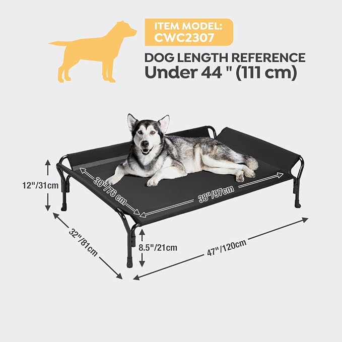 Veehoo Cooling Elevated Dog Bed, Raised Dog Cot with Guardrail & Headrest | Washable Dog Couch Bed for Indoor & Outdoor, Durable Breathable Teslin Mesh, Non-Slip Feet, Large 47" x 32", Black
