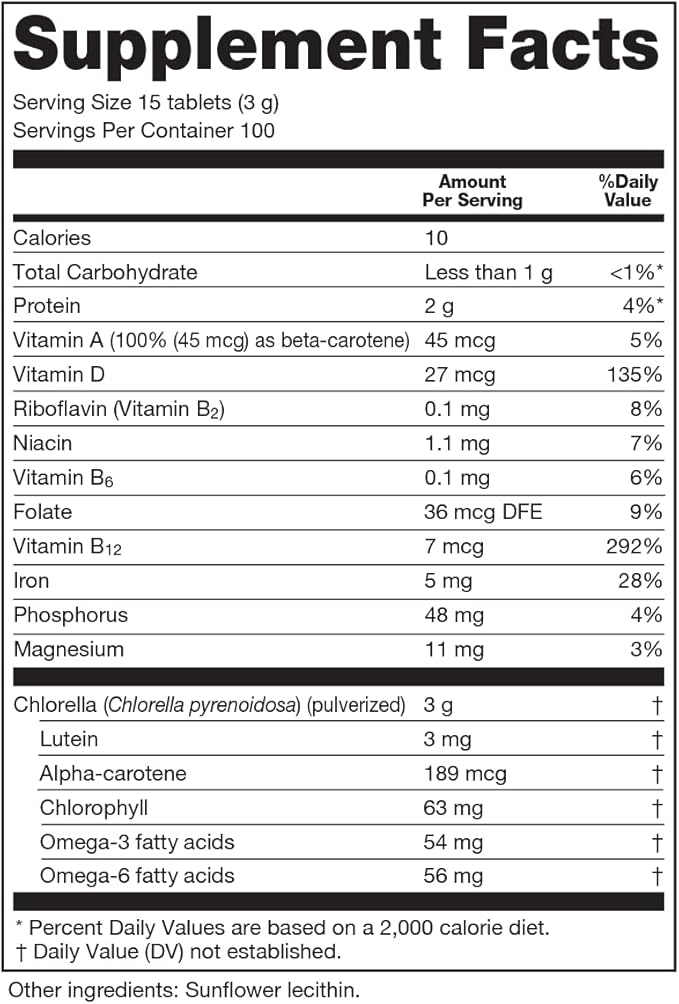 Sun Chlorella 200 mg Green Algae Superfood Supplement - Pulverized Cell Wall - Chlorophyll, CGF, Active B12, Iron, Protein - Non-GMO - 1500 Tablets