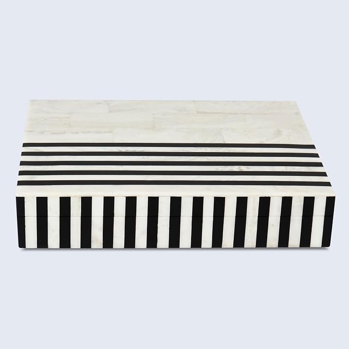 Handicrafts Home Large Decorative Storage Box with Lid – Black White Modern Storage Box, Remote Control Organizer for Coffee Table, Console & Living Room Decor – Mono Lead 12 x 6 x 2