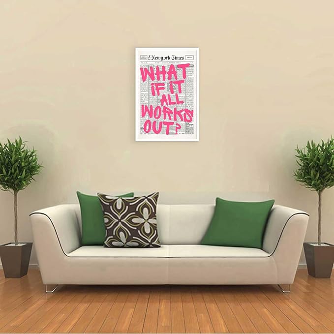 Drimiler Retro Newspaper Pink Font Poster What If It All Works Out Canvas Wall Art Positive Affirming Quote Minimalist Prints Painting For Home Bedroom Dorm Wall Decor 12x16in Unframed