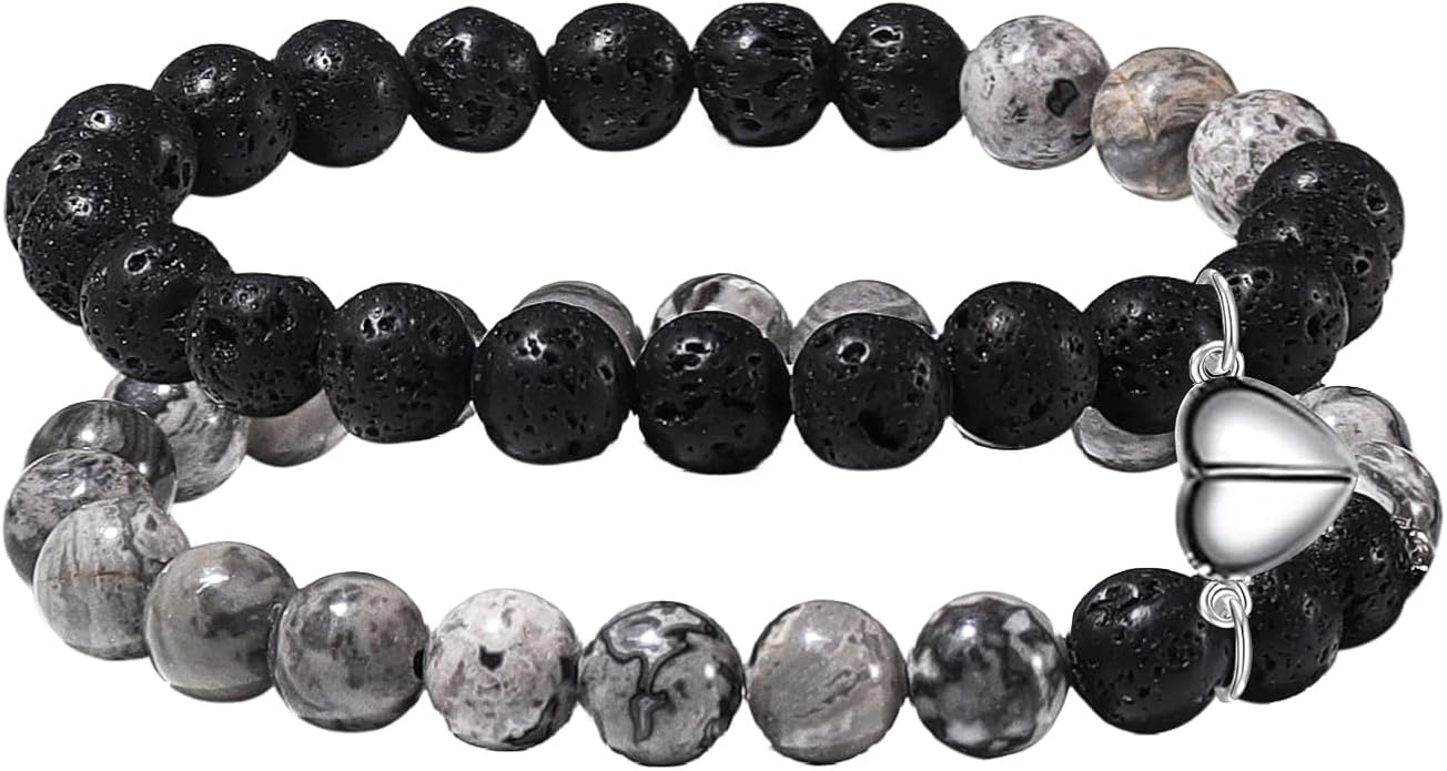 Caiyao 2Pcs Matte Lava Rock Volcanic Stone Beads Stretch Bracelet Stacking Essential Oil Diffuser Tiger Eye Seed Energy Yoga Bracelet for Men Women Couple Stress Relief Healing Aromatherapy Jewelry