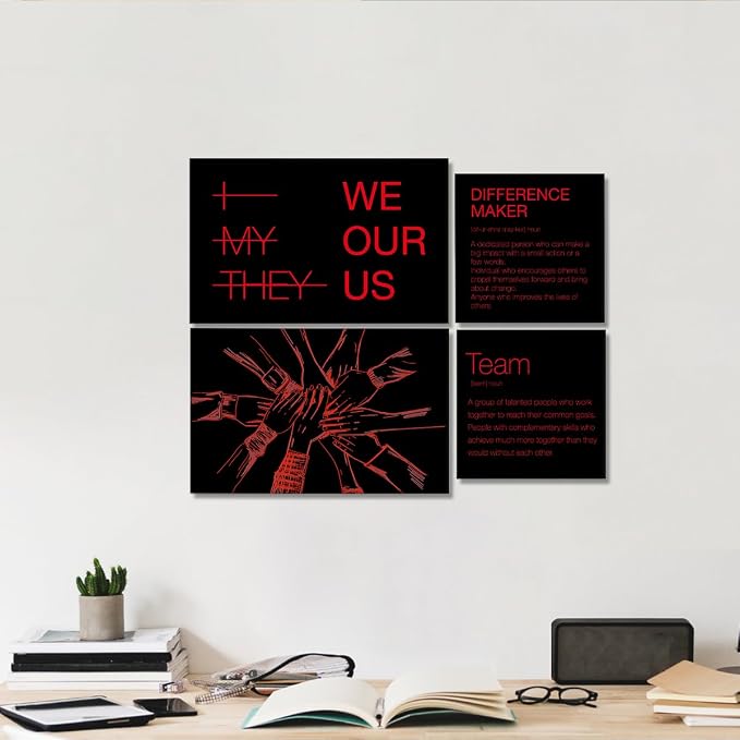 YEOION Motivational Office Wall Art,Inspirational Teamwork Wall Art for Office,Black and Red Positive Teamwork Wall Decor for Workplace Set of 6