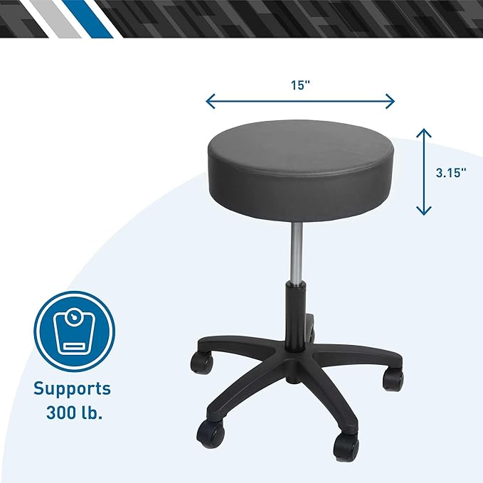 BodyMed Rolling Exam Stool with Wheels, 18.5 Inch to 25 Inch Adjustable Height for Dentists, Spas, & Healthcare Environments, 5 Casters, Easy Assembly, Black
