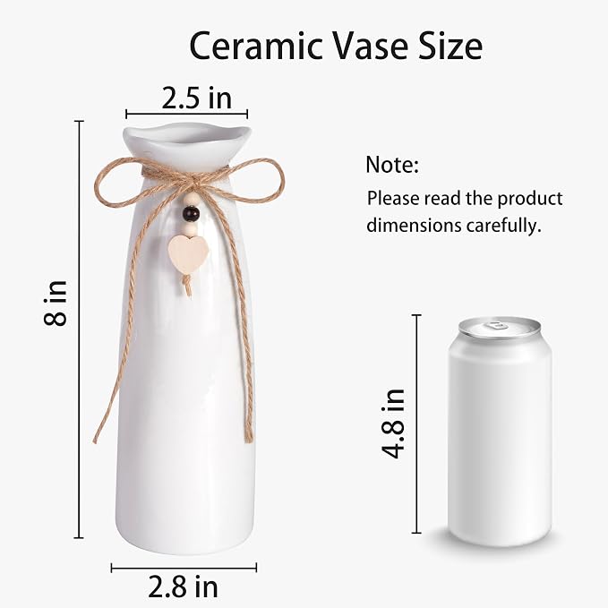 8 Inch Ceramic Vase with Jute Rope & Heart Charm, Elegant White Decorative Vase for Home Décor & Table Centerpieces