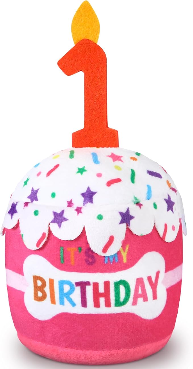 Dansydaisy Dog Birthday Cake Toy Squeaky Plush Gift,1st,Pink
