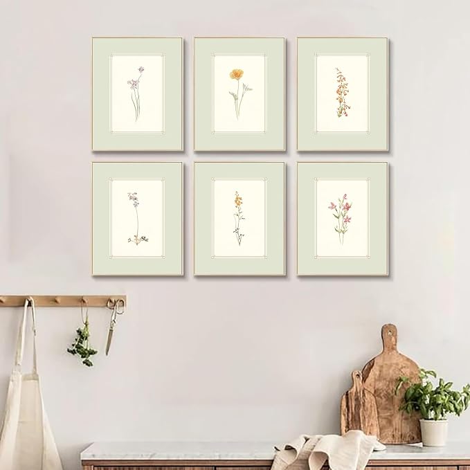 KBKBART Mint Green Floral Wall Art Set of 6 Unframed, Minimalist Abstract Flower Prints Watercolor Botanical Wildflower Wall Decor Canvas Painting, Boho Wall Decor for Bathroom, Living Room