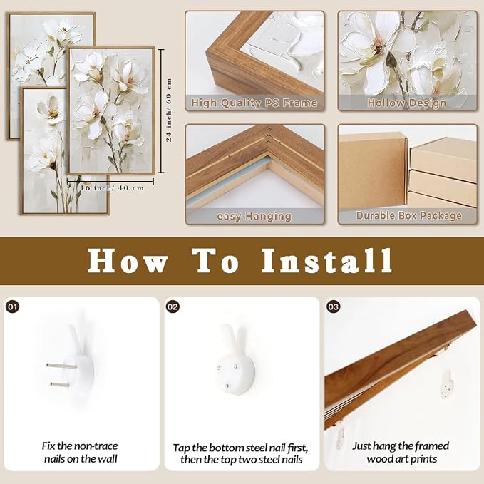 FWIEXA 3D Beige White Floral Canvas Wall Art,Neutral Flower Framed Wall Art Texture,Modern Abstract Botanical Paintings,16x24In Watercolor Minimalist Wildflower Artwork Magnolia Painting for Living Room,Bedroom,Office