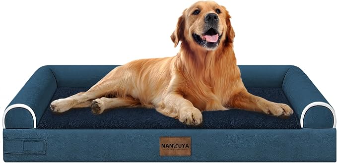 Orthopedic Dog Bed for X-Large Dogs, 40 x 32 Inch, Navy Blue | Egg crate foam for joint support, 3-sided bolster pet sofa, waterproof lining, washable cover, and non-skid base