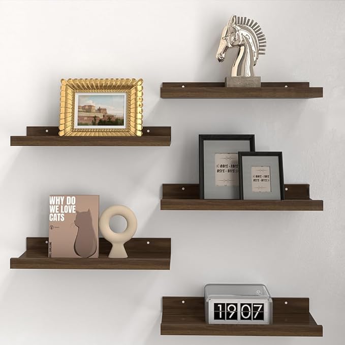 RICHER HOUSE 5-Set Floating Shelves with Lip, Walnut Wall Mounted Shelf | Display Picture Ledge Shelf, Anti-drop lip Shelf for Room Wall Decor, Bedroom Bathroom Storage Nursery Books, Easy Setup 16in