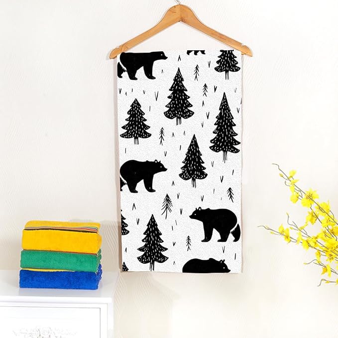 Woodland Black Bears Hand Towel Mountain,Grizzly Trees Face Towels Suit Travel Sports Pool Swimming Bath Camping Spa Gym Yoga,15x30 Inch