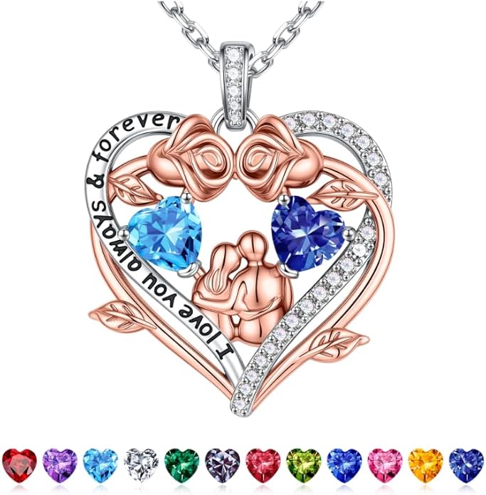 Iefil Valentines Gifts for Her Wife - 925 Sterling Silver Double Heart Birthstone Necklace, Anniversary Birthday Gifts for Women Wife Girlfriend