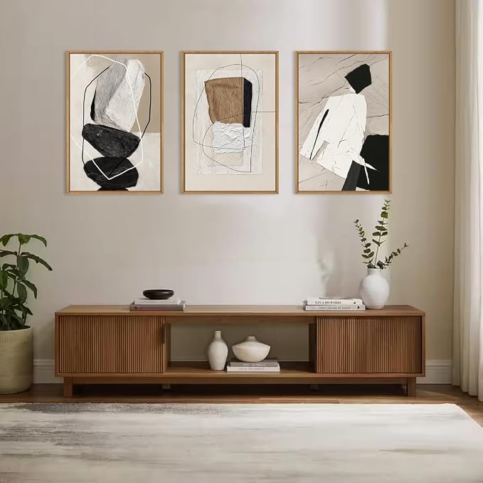ANHUIB Large Neutral Abstract Wall Art Canvas,Black Beige Artwork, Modern Textured Framed Wall Art, Minimalist Geometric Painting,16x24 Inches Set of 3 for Living Room Bedroom
