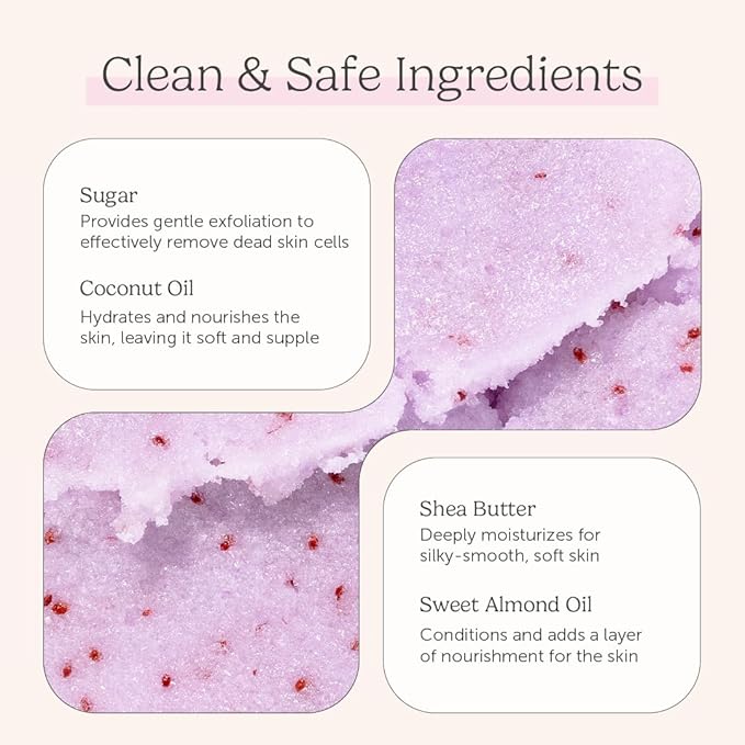 Sugar Body Scrub, Exfoliating Body Scrub with Moisturizing Shea Butter and Coconut Oil, Paraben Free, SLS Free, Cruelty Free Skin Care for Women and Girls, Handmade Fresh, 8 Oz (Lavender)