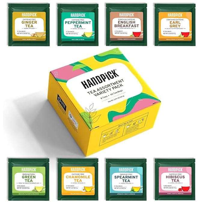 HANDPICK, Tea Bags Sampler Assortment Variety pack Gift Box 8 Flavors, 40 Tea Bags - Perfect Variety | English Breakfast, Green, Black, Herbal & More | Gifts for Him/Her | Sampler