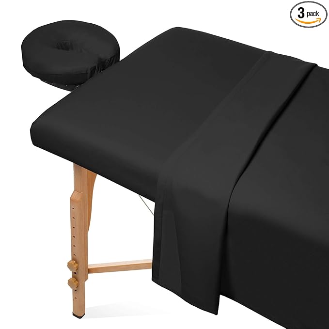Saloniture 3-Piece Microfiber Massage Table Sheet Set - Premium Facial Bed Cover - Includes Flat and Fitted Sheets with Face Cradle Cover - Black