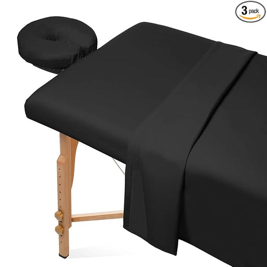 Saloniture 3-Piece Microfiber Massage Table Sheet Set - Premium Facial Bed Cover - Includes Flat and Fitted Sheets with Face Cradle Cover - Black