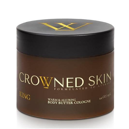 Crowned Skin King Cologned Body Butter | Warm and Sensual Scent | Blended with Sandalwood & Leather | Infused with Organic Shea & Mango Butters | Moisturizing Formula with All-Day Fragrance | 4.4oz