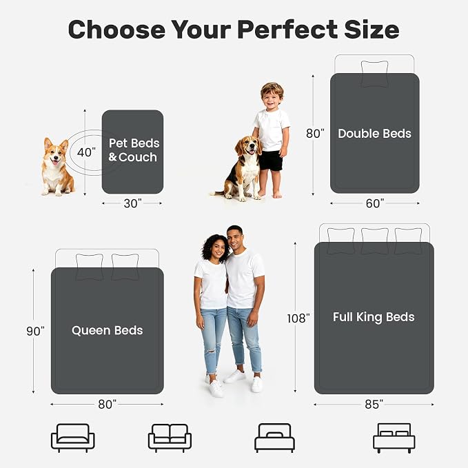 Waterproof Blanket for Queen Bed, Couch, and Sofa, 80"x90", Grey | Reversible Soft Flannel Throw, Furniture Protector, Spill-Proof, for Family, Dog, Cat, Camping, Travel, Noise Free