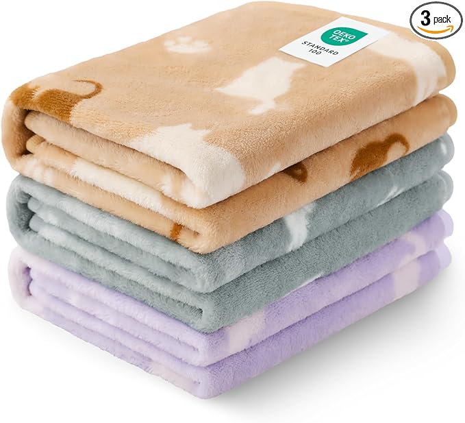 Luciphia Dog Blanket 3 Pack, Soft Cozy Fleece Throw for Puppy Cat,41"x31" | Fuzzy Flannel Small Pet Blanket Washable, Cute Paw Print for Crate Car Bed. Puppy Essential,Cat Stuff Gifts,Large