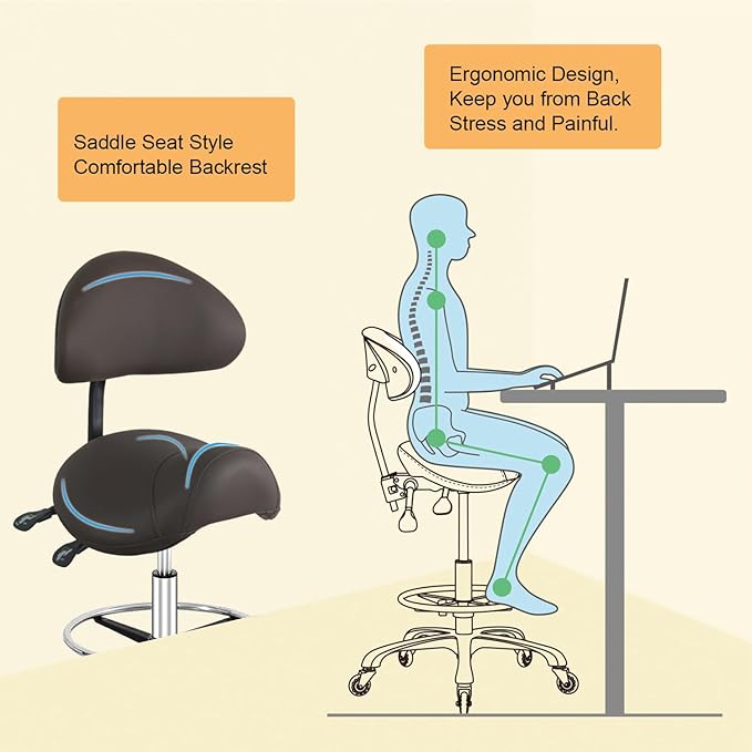 Saddle Stool Chair with Back Support Footrest, Heavy-Duty(350LBS), Hydraulic Rolling Swivel Adjustable Stool Chair for Salon Spa Beauty Massage Dental Clinic Home Office Use(Coffee)