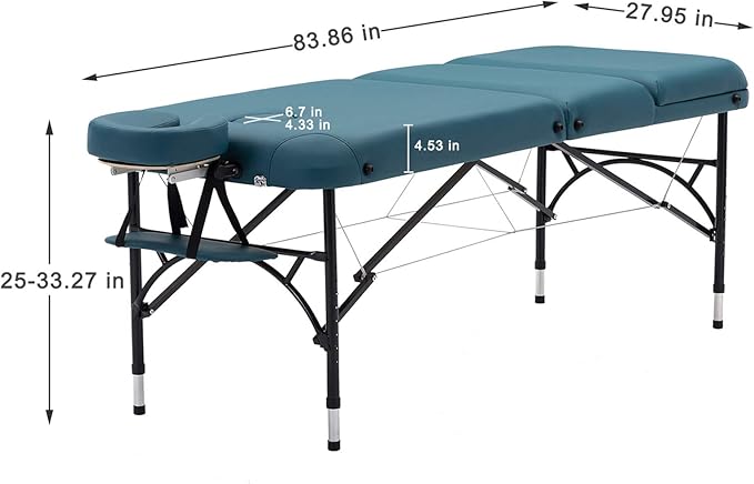 Artechworks 28" Width 3 Folding Portable Lightweight Massage Table Facial Salon Spa Tattoo Bed with Aluminium Leg for Home Office Living Room, Teal Green Color