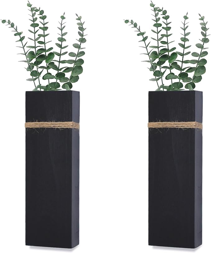 Wall Planters for Indoor Plants-2 Pack Wood Wall Vases for Dried Flowers & Artificial Plants Modern Farmhouse Wooden Vase for Living Room Bedroom Kitchen Decorations - Black