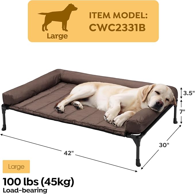 Veehoo Outdoor Elevated Dog Bed with Waterproof Bolster Cushion, Cooling | Raised Dog Bed with Removable & Washable Mat Topper, Breathable Mesh, Dog Couch Cot for Indoor Outdoor, 42", Large, Brown