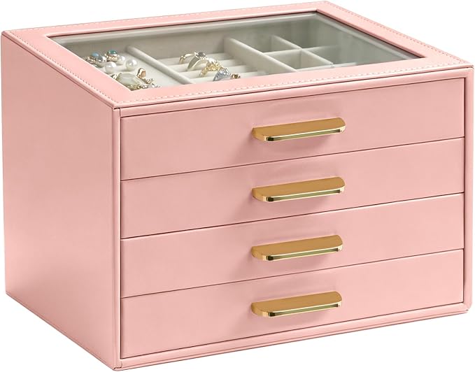 Homeanda Jewelry Boxes Organizer with Glass Lid, 4-Layer PU Leather, Pink | Modern style display case with 4 drawers for daily jewelry, women, mom or girl gift