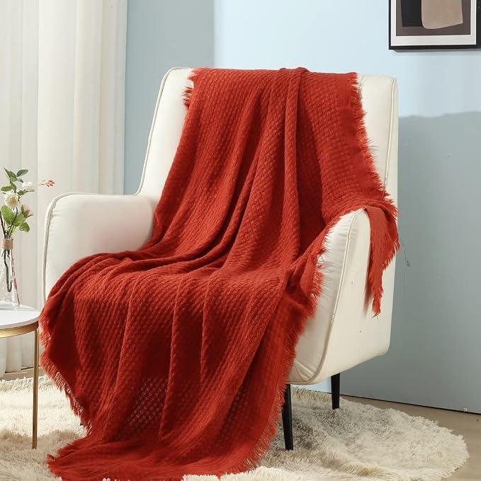 CREVENT 50"X60" Farmhouse Breathable Lightweight Spring Summer Fall Knit Throw Blanket for Couch Chair (Burnt Orange/Rust Brick Red - Waffle Christmas Red)