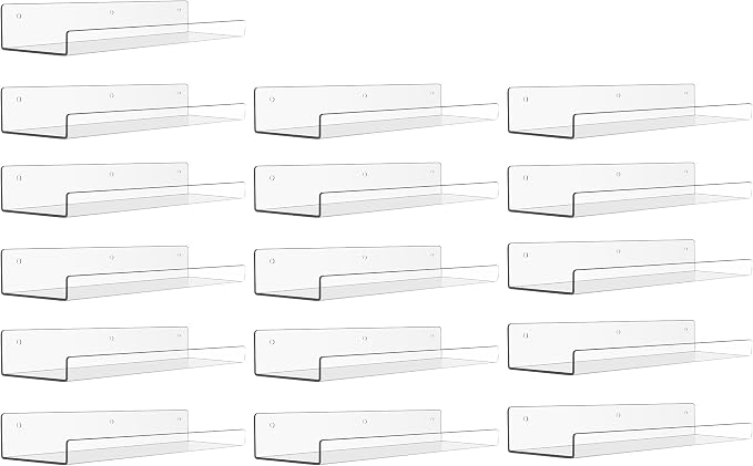 upsimples 16 Pcs 15" Acrylic Shelves for Wall Storage and Organizer, Clear | Transparent Design Highlights Skincare, Perfume, Easy-to-Find Versatile Floating Shelves for Bathroom, Bedroom and Playroom