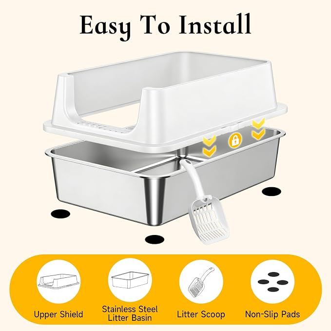 XL Open Top Stainless Steel Litter Box with High Sides, Gray | Extra Large Metal Cat Litter Pan , XL Litter Box, Non-Stick Easy Clean Anti-Leak Kitty Litter Pan, Odor Control, Open Top