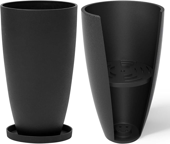 LA JOLIE MUSE Tall Round Outdoor Planters with Shelf Insert, 20 Inch, Black | Set of 2, Large Flower Pots with Drainage Holes and Tray, Modern Planter for Front Doors, Balconies, Gardens, Patios, Deck