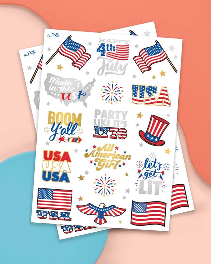 xo, Fetti Fourth of July Decorations Temporary Tattoos - 30 styles | America, Red White and Blue Party Supplies, 4th of July, USA,Memorial Day, Independence Day, Labor Day