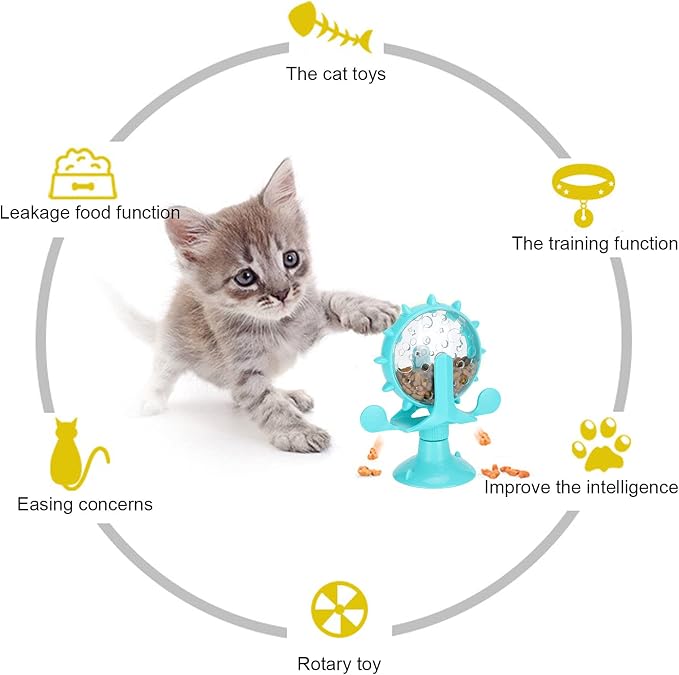 VINGVO Cat Treat Dispenser Toy, Interactive Cat Feeder with 360 Rotating Windmill, Food Leakage Toy for Indoor Cats, Suction Cup Base, Blue