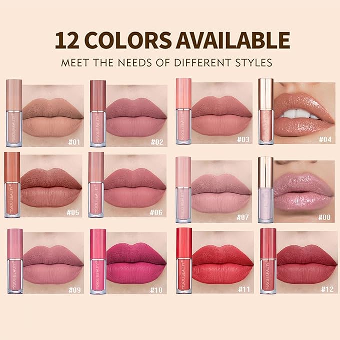 12Pcs Velvet Matte Liquid Lipstick Set, Non-Stick Cup Nude Lip Stain Kit,Waterproof Long Lasting Quick-drying Matte and Glitter Lip Gloss,Lip Makeup Gift Kit for Women