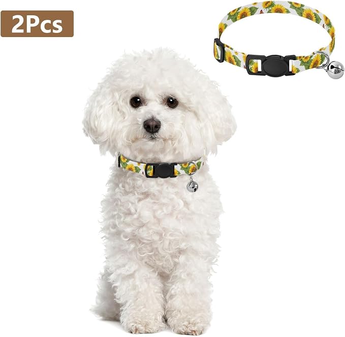 Sunflower Butterfly Leaves White Soft Cat Collar, 2 Pack Decorative Pet Collar with Bell