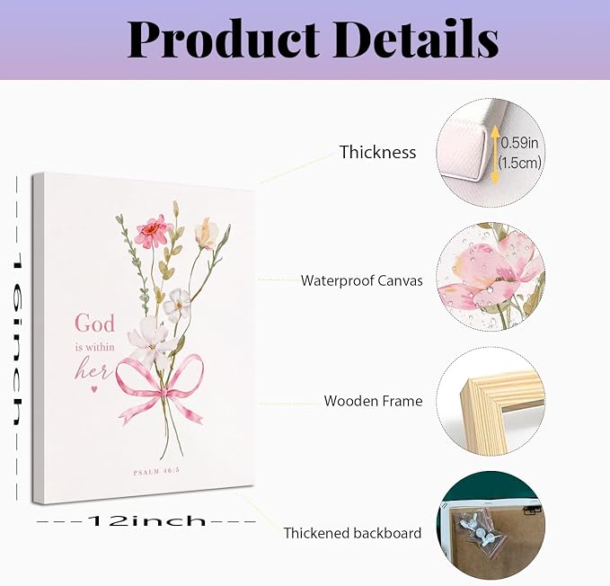 Baby Girl Nursery Wall Art Set of 3 Pink Bow Floral Canvas Prints, Christian Bible Verse Nursery Decor, Cute Flower Posters Pictures with Scripture for Girls Room Bedroom Framed 12x16 Inch