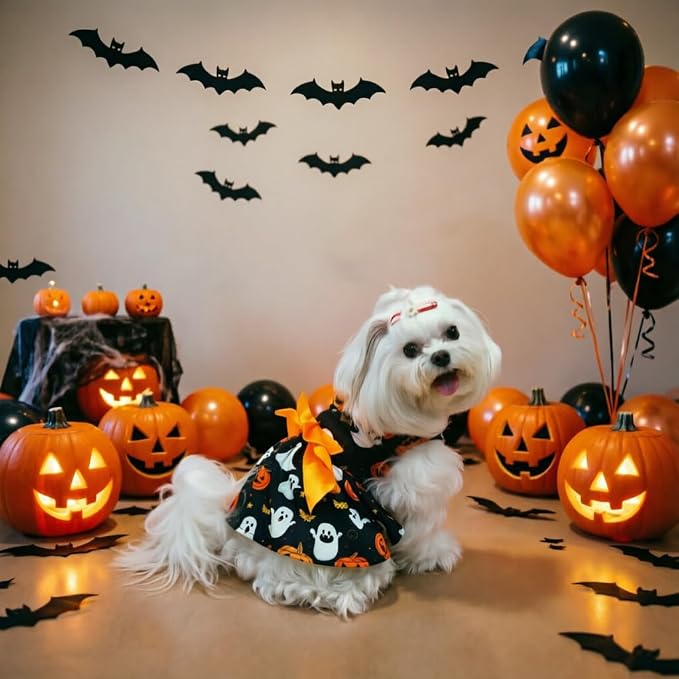 PUPTECK Print Dog Halloween Dress Pet Costumes Apparel with Cute Bowtie Puppy Clothes Outfit, Ghost, XS