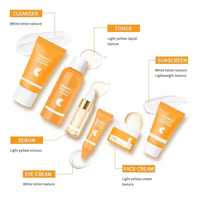 6PCS Hydrating Skin Care Set with Vitamin C,Face Care Kit Includes Serum,Face Cream,Eye Cream,Toner,Sunscreen,Cleanser,Face Care Set for Women,Unique Gift