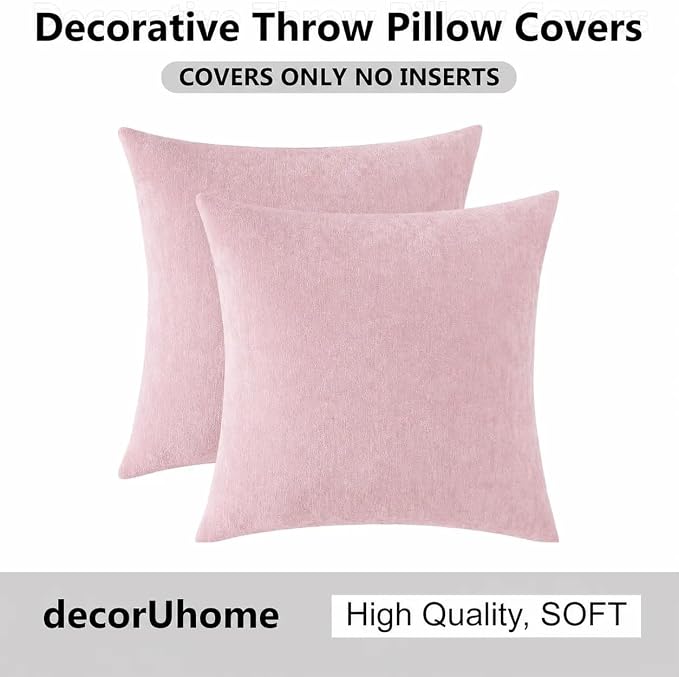 decorUhome Soft Chenille Blush Pink Throw Pillow Covers 26X26 Set of 2 | Decorative Fall Couch Pillow Covers Solid Dyed Accent Modern Euro Sham Farmhouse Neutral Square Pillow Cases for Sofa