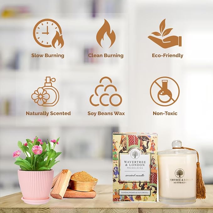 Wavertree & London Organic Sandalwood & Patchouli Scent Soy Wax Candle | Non Toxic 100% Cotton Wick Triple Scented Pure Natural Soy Wax Candles, Hand Poured in Australia | 60 Hours Burning, 11.66 Oz