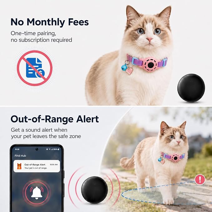 Cat Tracker GPS for Android, Pet GPS Tracker Collar for Cats No Subscription, IP67 Waterproof Cat Collar with Tracker Compatible with Google Find Hub – Replaceable 1-Year Battery, Android Only (Pink)