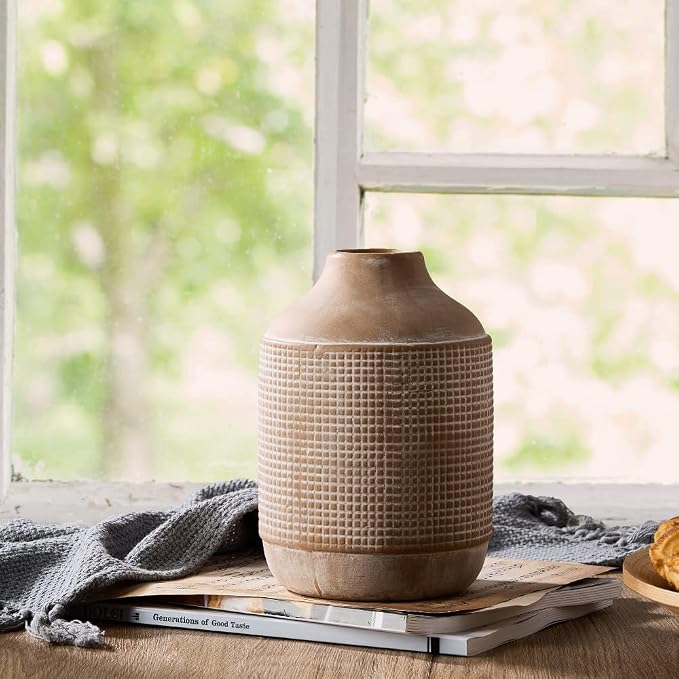 SIDUCAL Ceramic Rustic Farmhouse Vase, Sand Glaze Finish Boho Vase, Pottery Decorative Flower for Home Decor, Table, Living Room Decoration, Shelf Decor, Mantel, 7 Inch, Beige