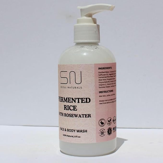 Seoul Naturals Fermented Rice Face & Body Wash with Rosewater, 100% Natural, All Skin Types, K Beauty, 8 fl oz