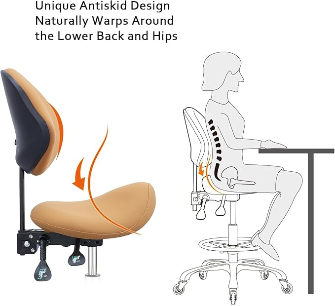 Saddle Stool Chair with Back Support Footrest, Heavy-Duty(350LBS), Hydraulic Rolling Swivel Adjustable Stool Chair for Salon Spa Beauty Massage Dental Clinic Home Office Use(Camel)