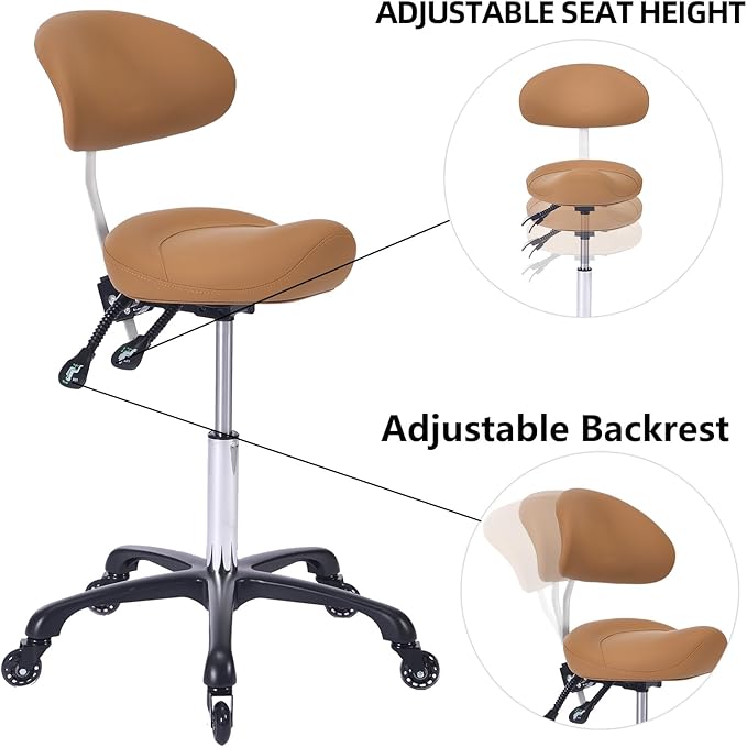 Ergonomic Rolling Saddle Stool with Back Support Professional Height Adjustable Swivel Chair for Drafting Salon Hair Massage Spa, in Camel